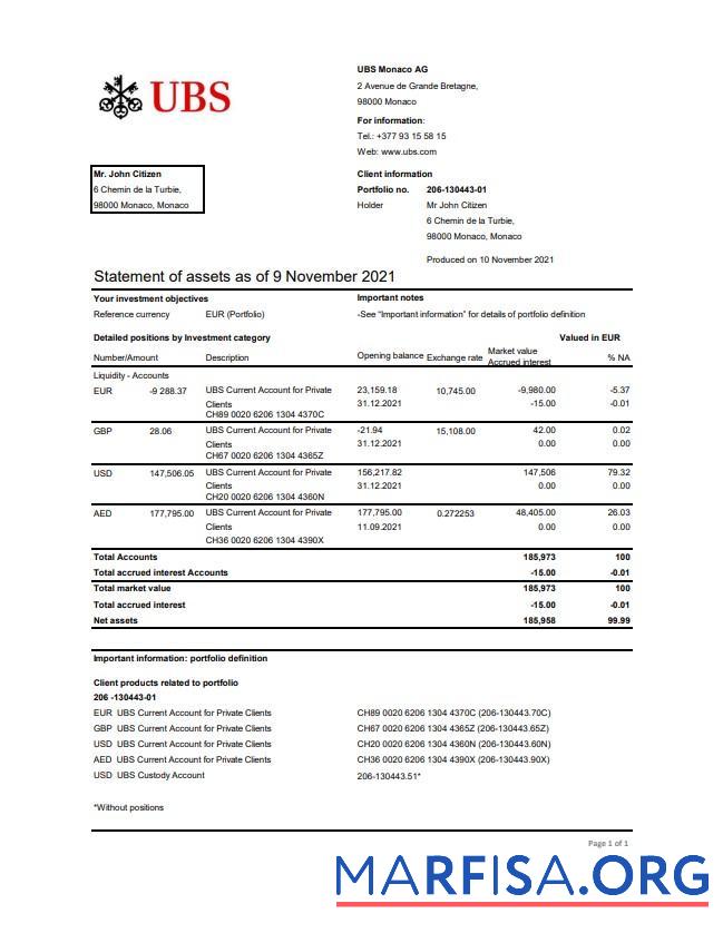 Downloadable Monaco UBS bank statement excel real example